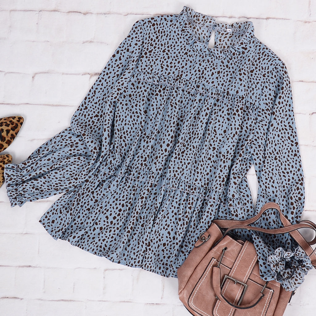 Ruffle Neck Cheetah Print Blouse