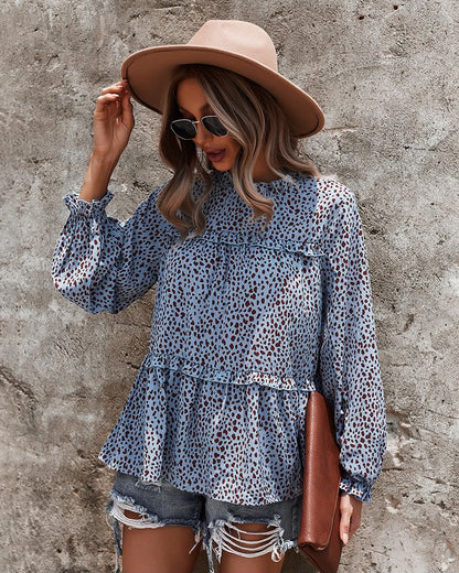 Ruffle Neck Cheetah Print Blouse