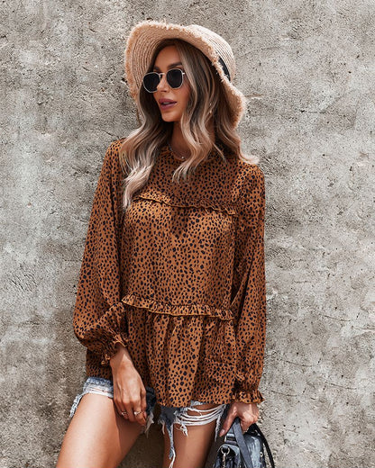 Ruffle Neck Cheetah Print Blouse