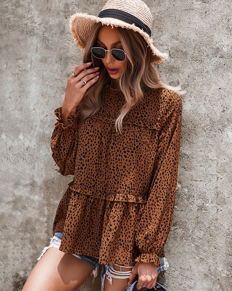 Ruffle Neck Cheetah Print Blouse