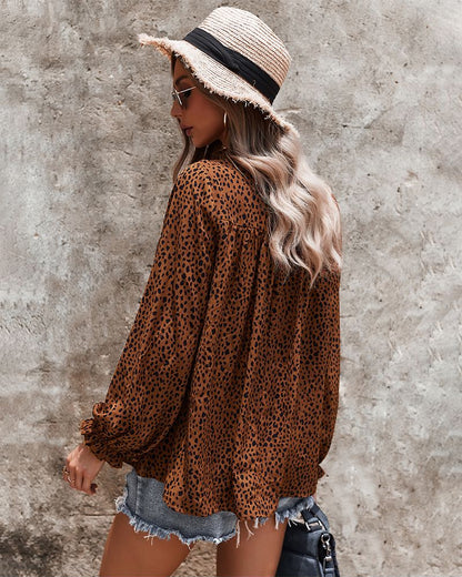 Ruffle Neck Cheetah Print Blouse