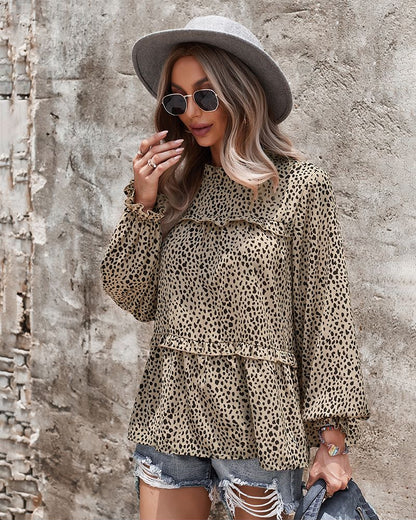 Ruffle Neck Cheetah Print Blouse