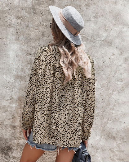 Ruffle Neck Cheetah Print Blouse