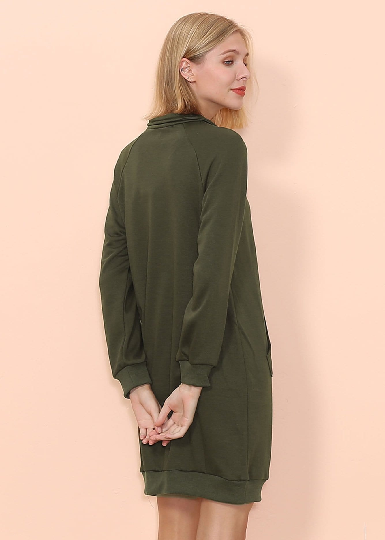 Solid Zip Anna-Kaci Up Knee Above Neck Dress – Sweater Length Pocket Kangaroo