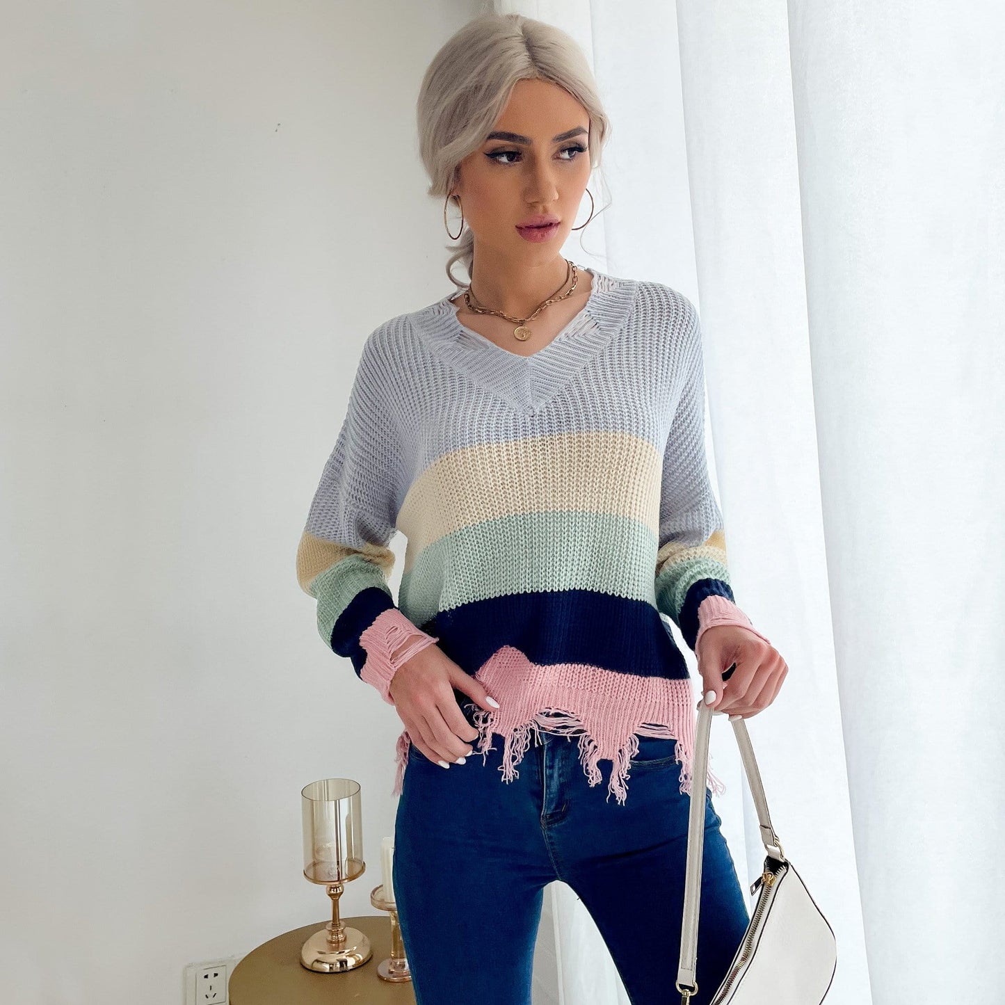 Frayed Hem Rainbow Knit Sweater