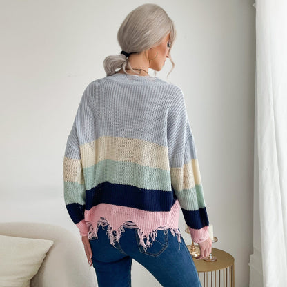 Frayed Hem Rainbow Knit Sweater