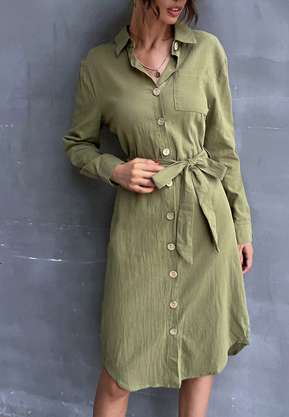 Contrast Button Belted Shirt Dress