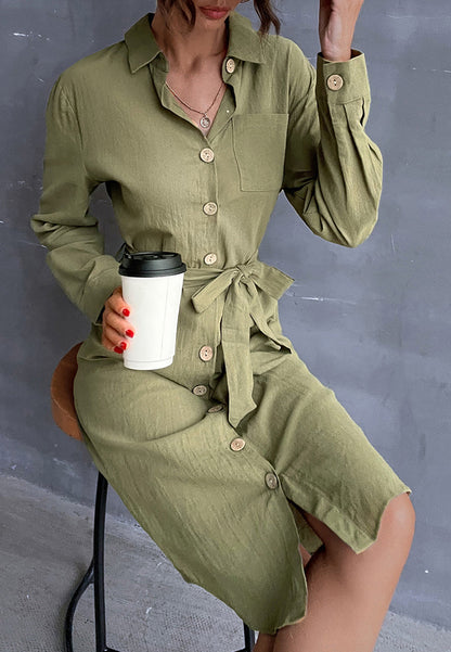 Contrast Button Belted Shirt Dress