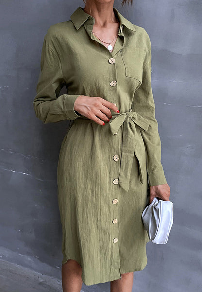 Contrast Button Belted Shirt Dress