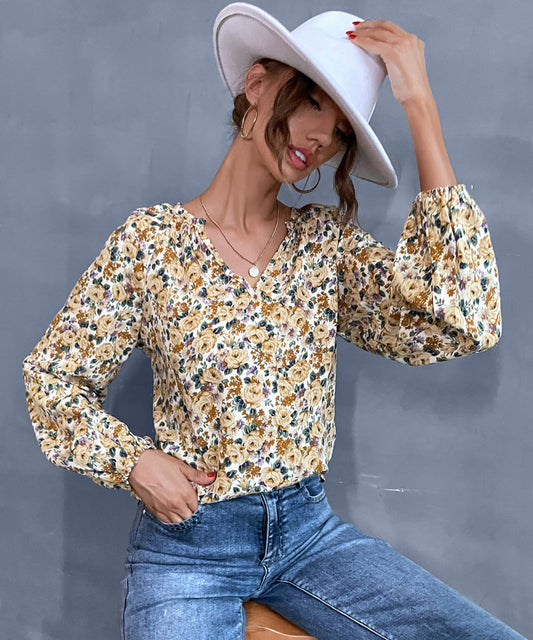 V Neck Vintage Floral Blouse