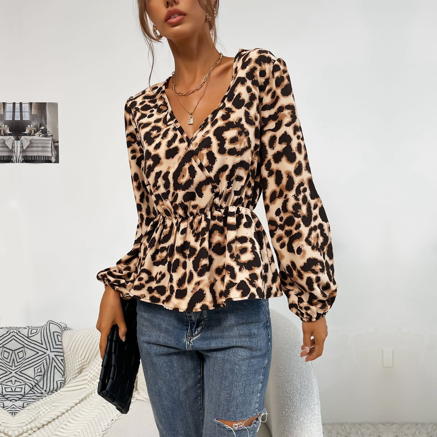 Leopard Cutout Sleeve Blouse