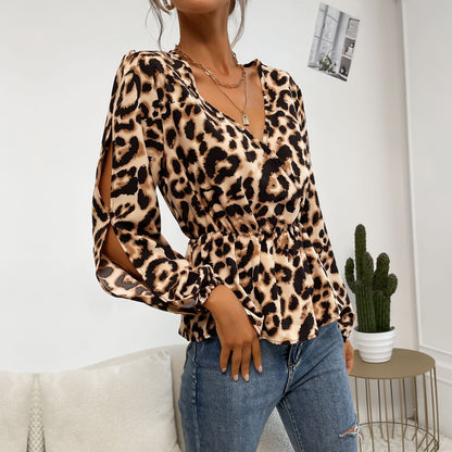 Leopard Cutout Sleeve Blouse