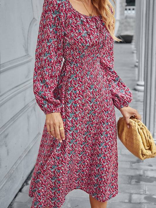 Square Neck Floral Print Long Sleeve Dress