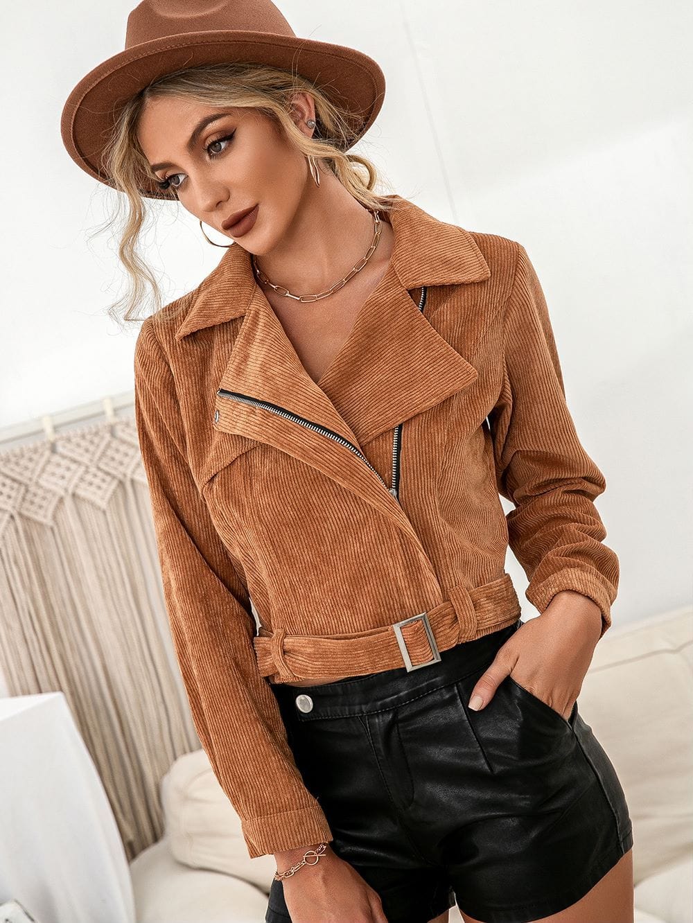 Contouring Cropped Zip High Collar Jacket w/ Long Sleeve & Thick Waistband  – Anna-Kaci