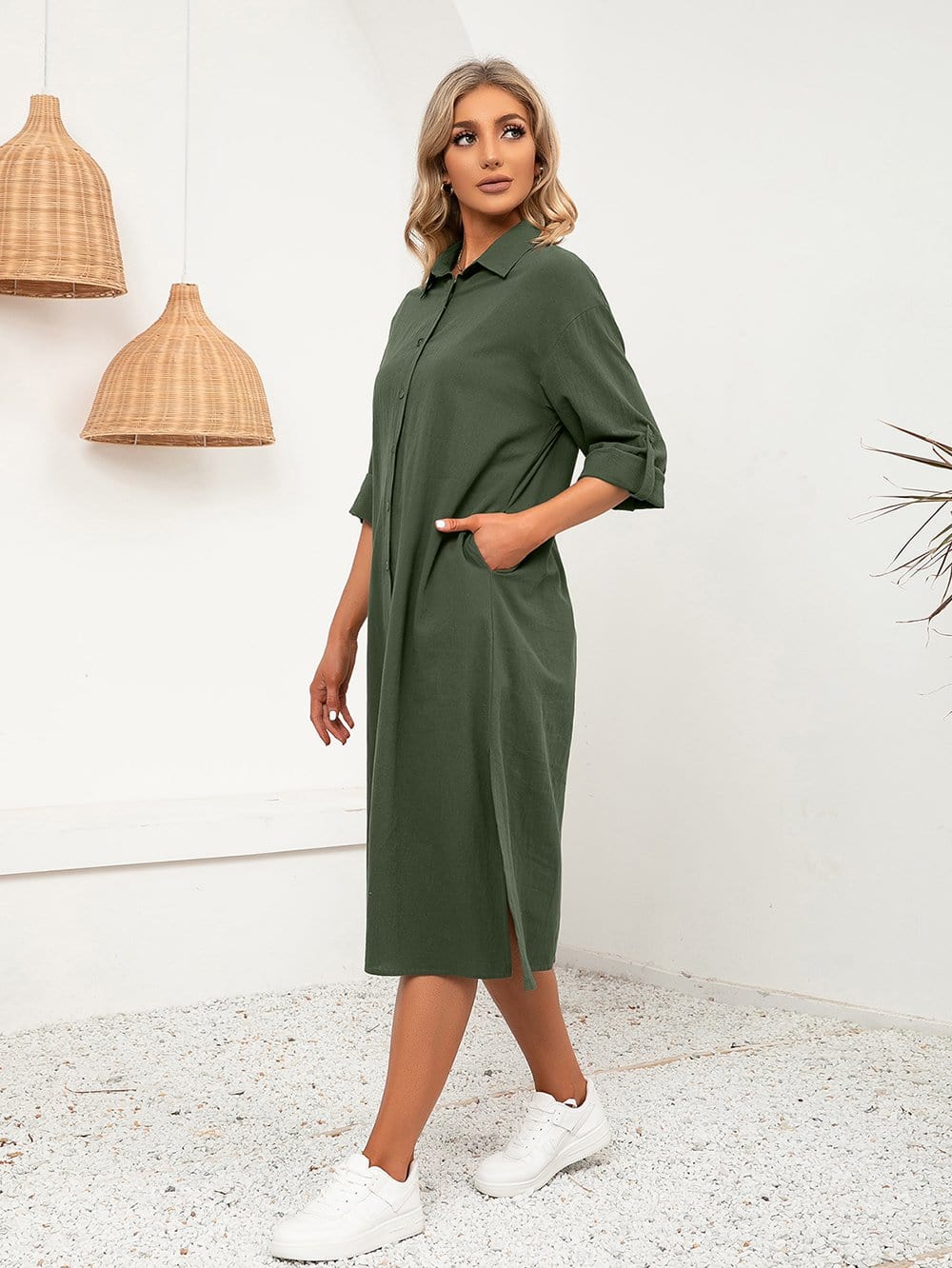 Solid Button Down Shirt Dress