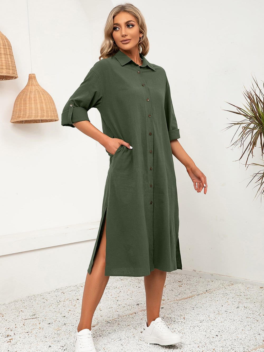 Solid Button Down Shirt Dress