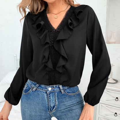 Solid V Neck Ruffle Blouse