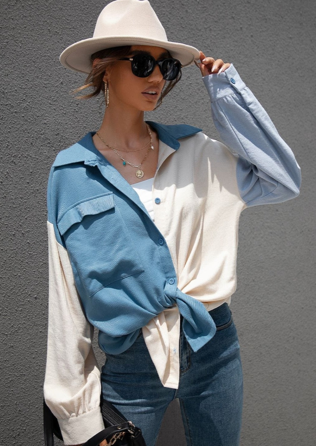 Color Block Button Down Blouse