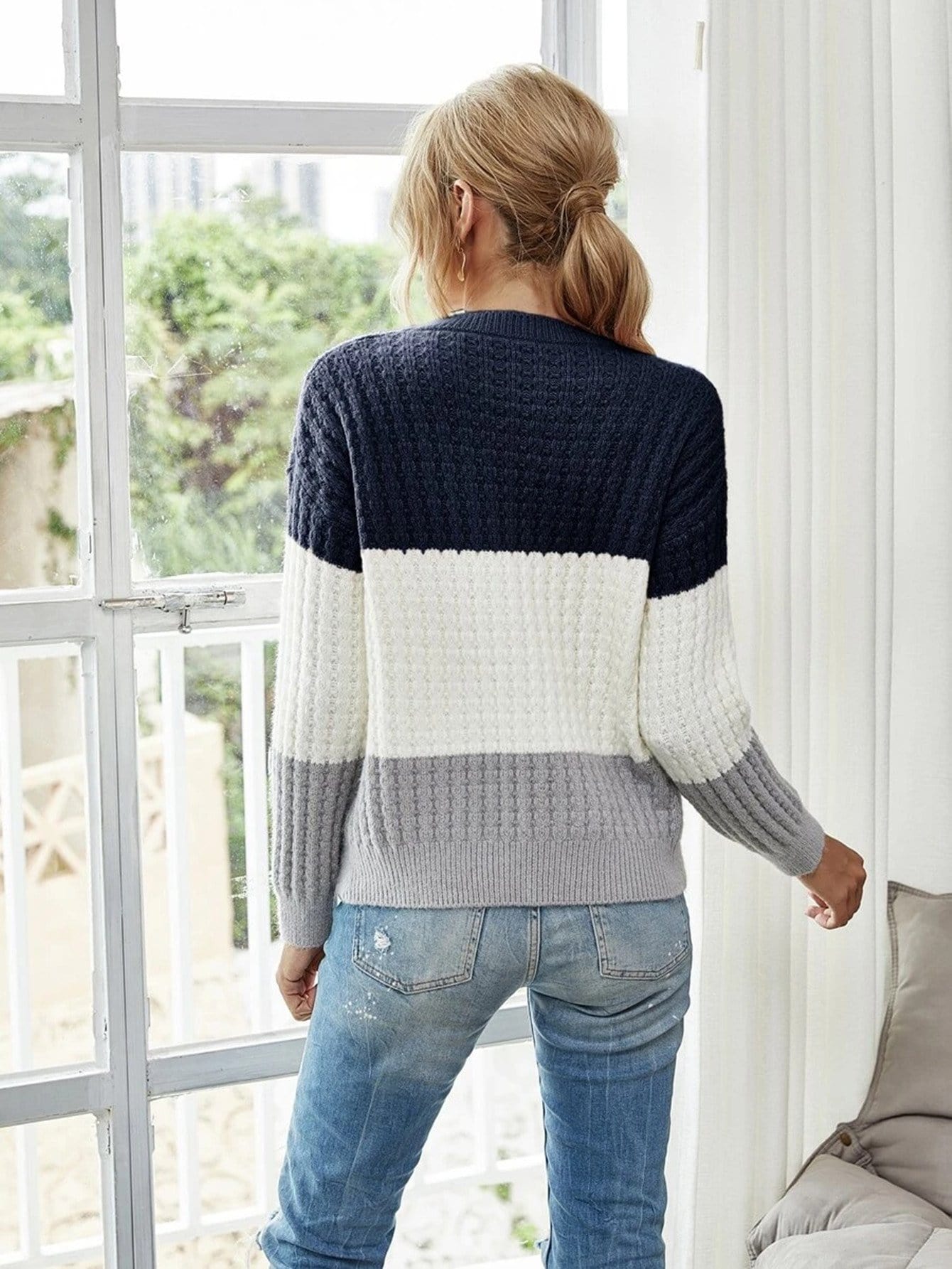 Round Neck Textured Knit Color Block Striped Sweater for Women