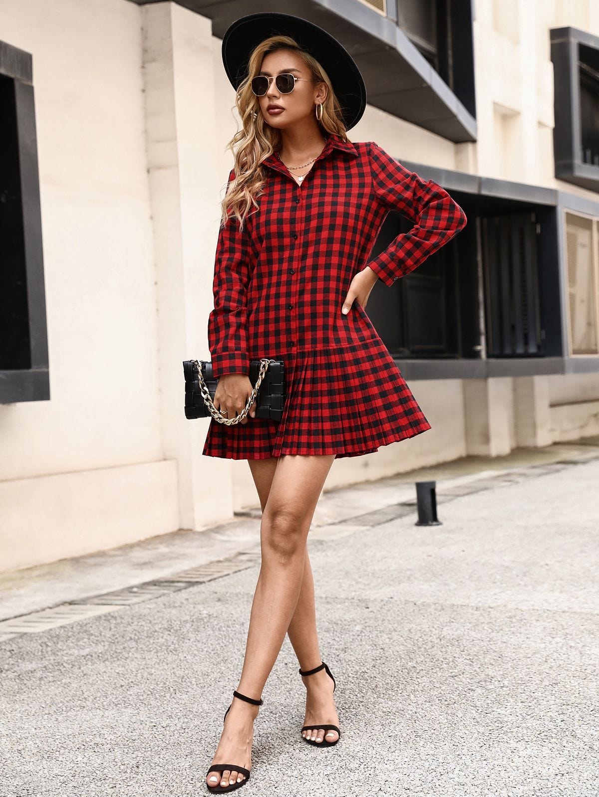 Buffalo Plaid Button Down Pleated Shirt Dress Above Knee Length – Anna-Kaci