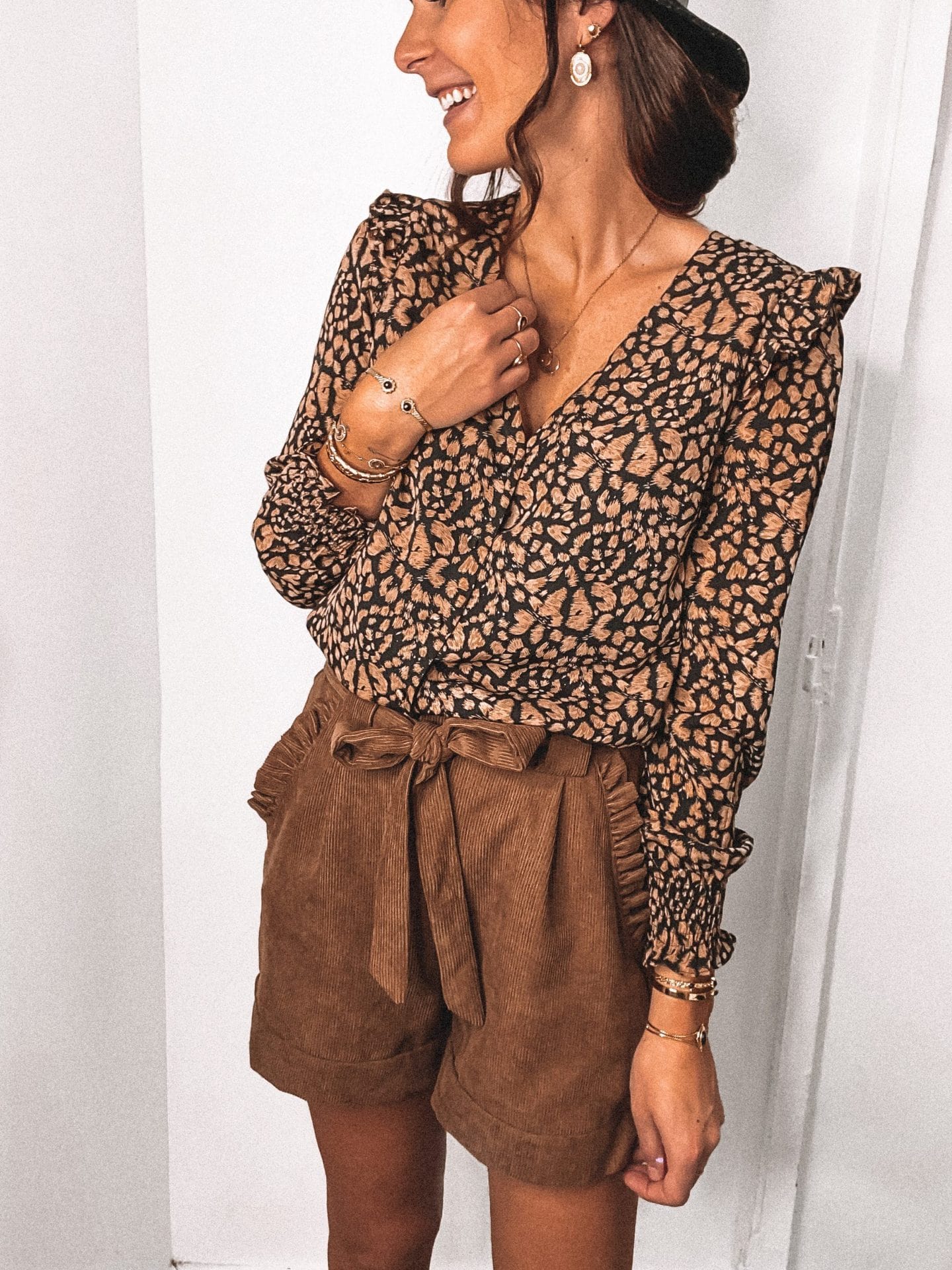 Ruffle Shoulder Animal Print Blouse