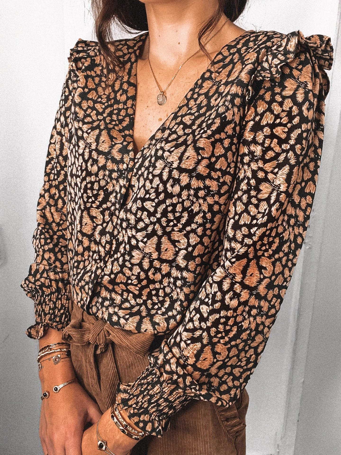 Ruffle Shoulder Animal Print Blouse