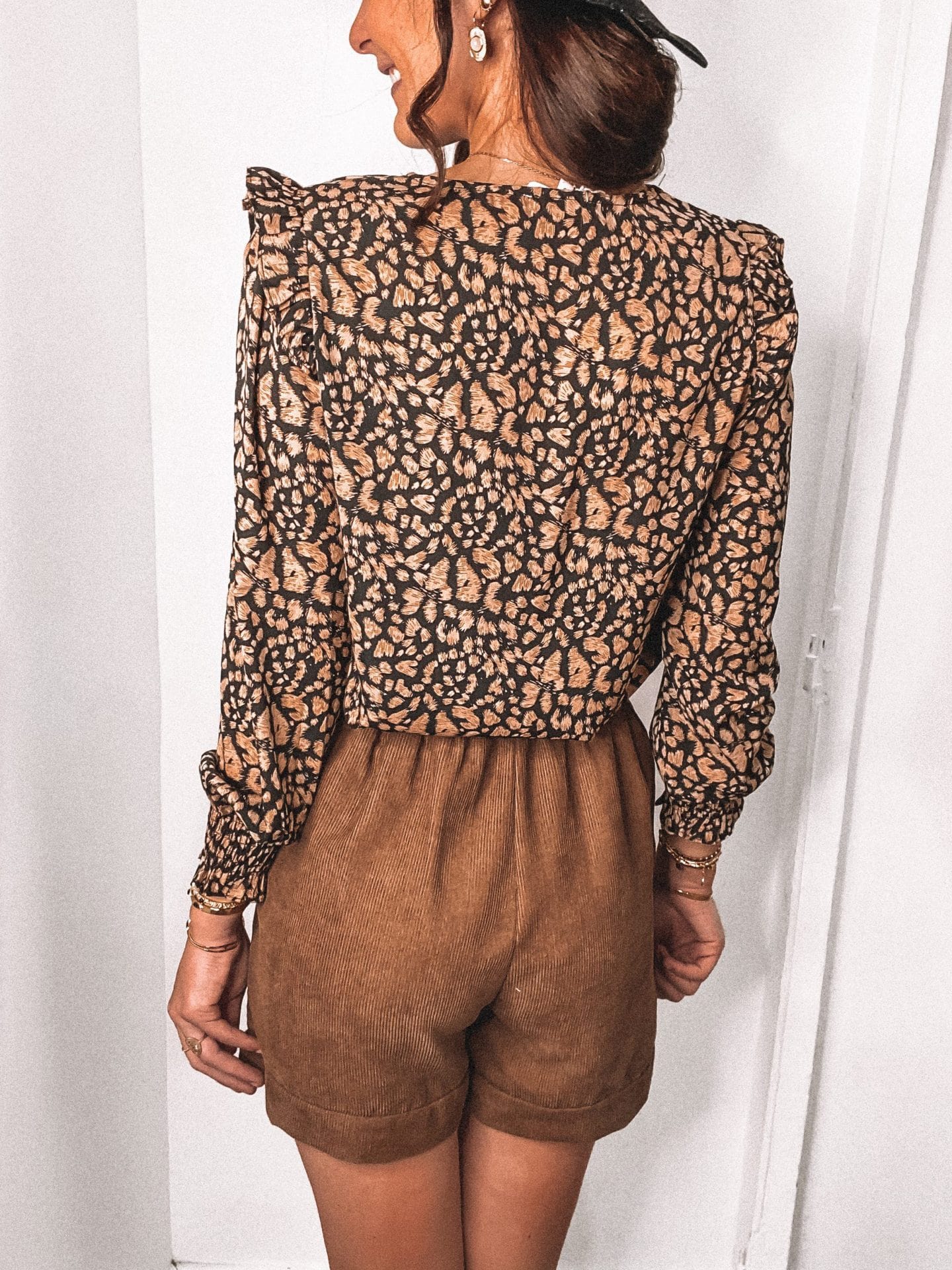 Ruffle Shoulder Animal Print Blouse