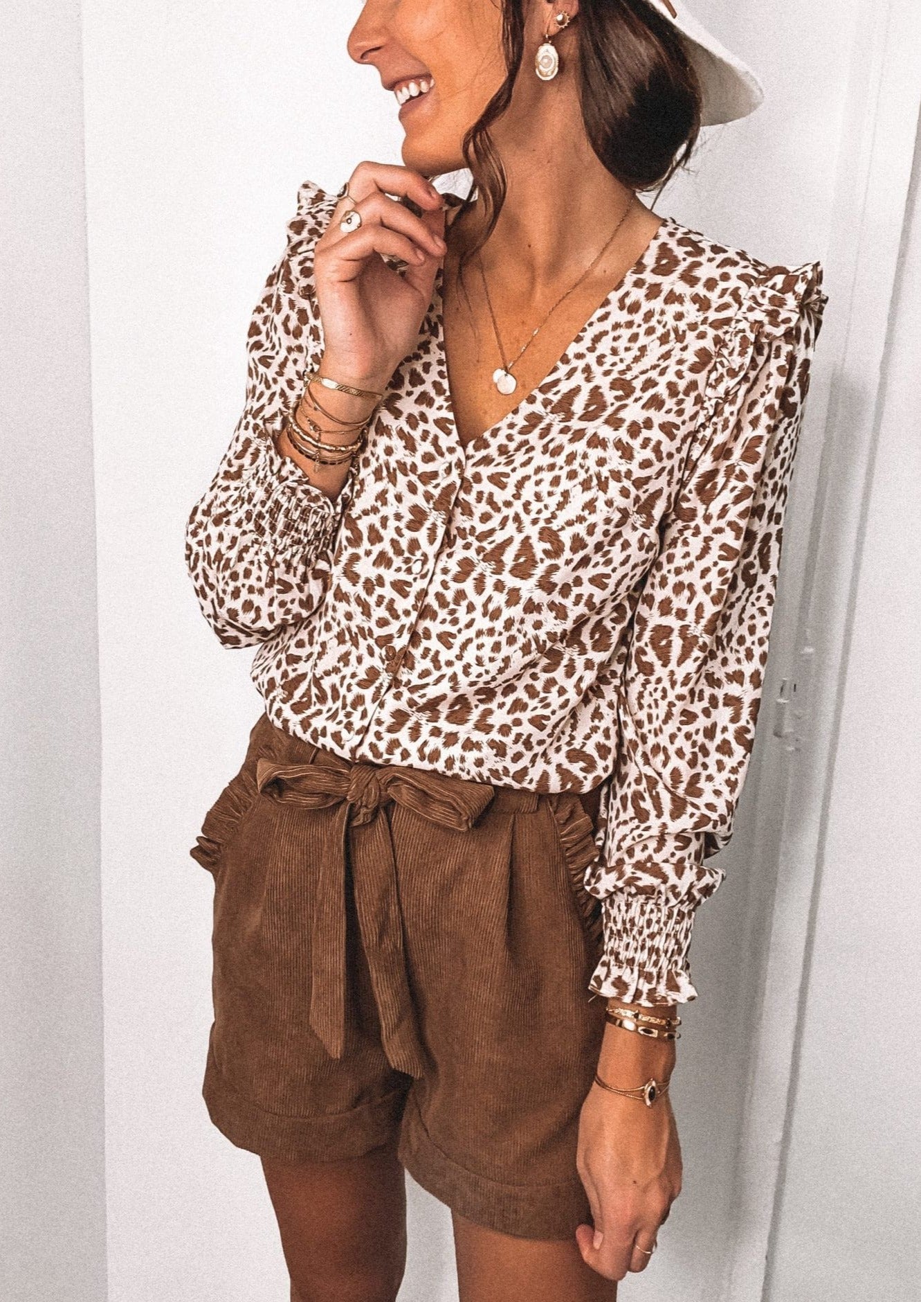 Ruffle Shoulder Animal Print Blouse