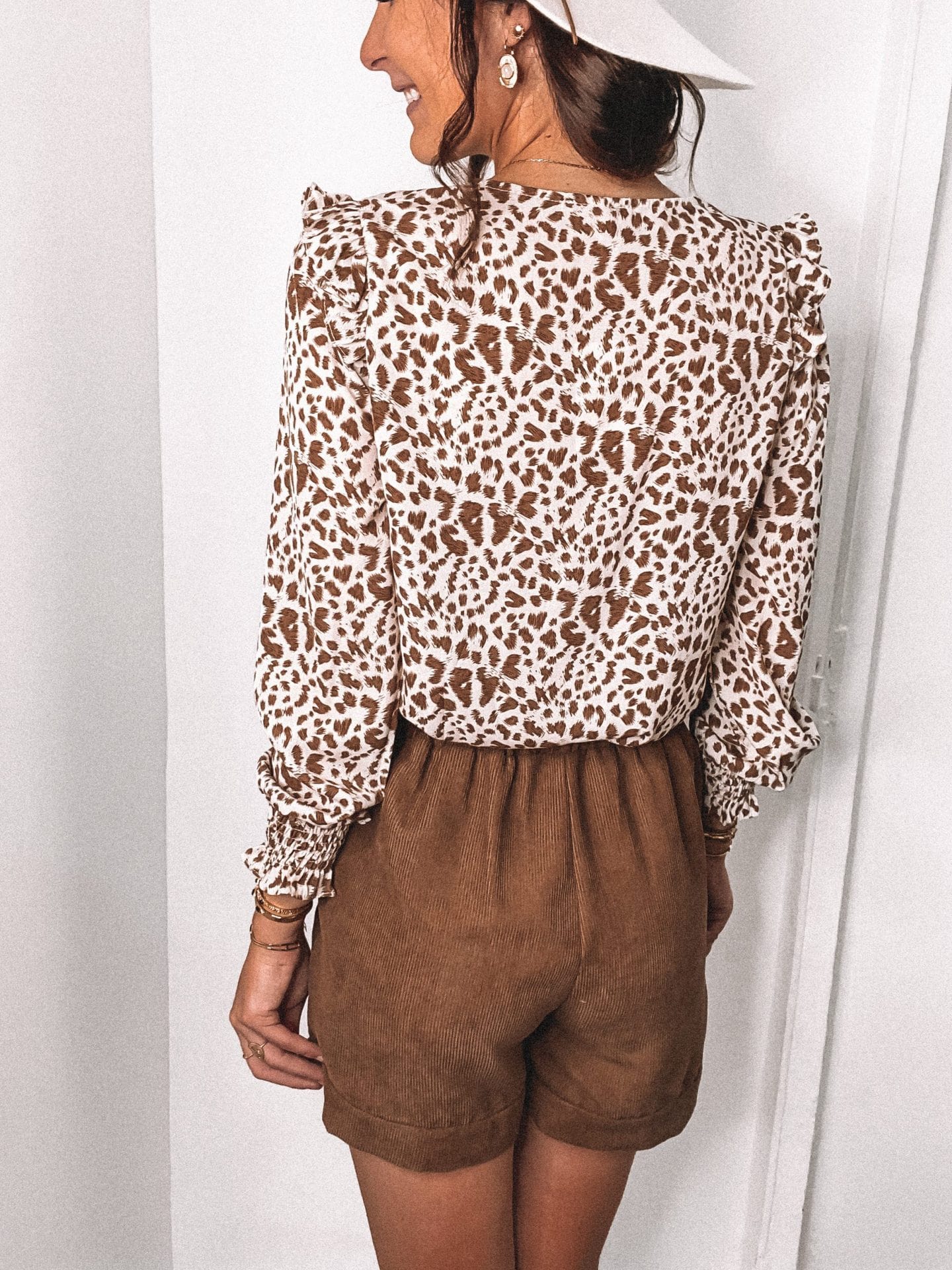 Ruffle Shoulder Animal Print Blouse