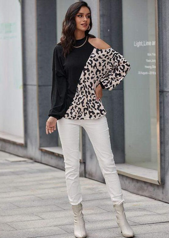 Leopard print hot sale one shoulder sweatshirt