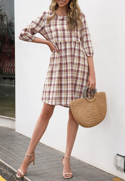 Round Neck Plaid Dress