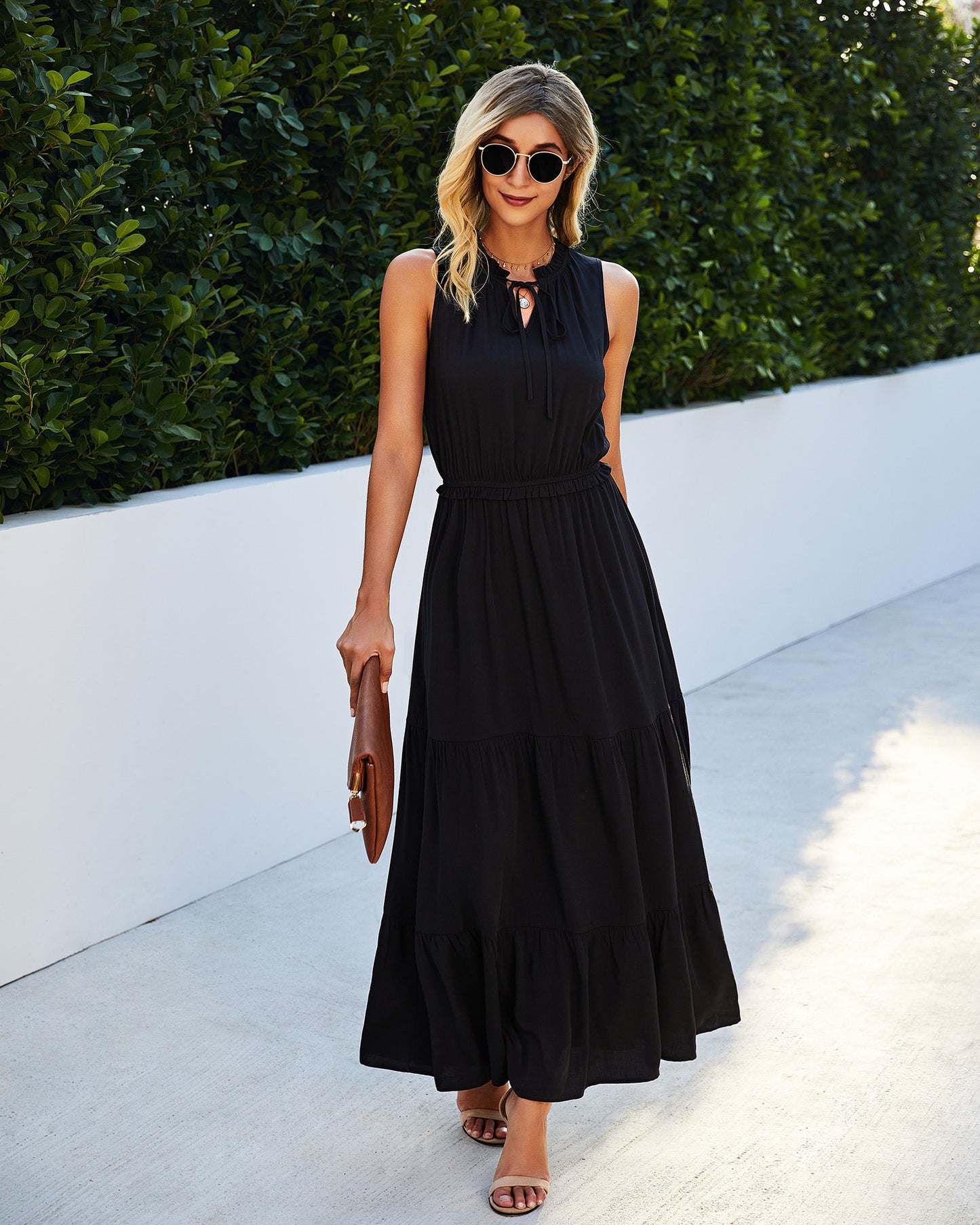 Tie Neck Solid Maxi Dress