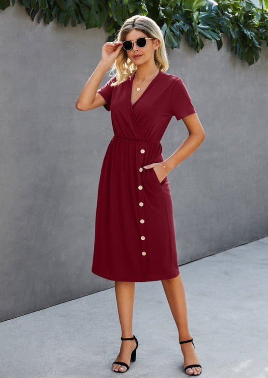 Surplice Neck Button Detail Dress