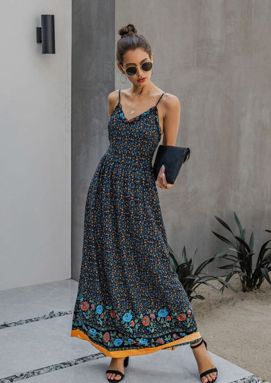 Floral Print V Neck Maxi Dress