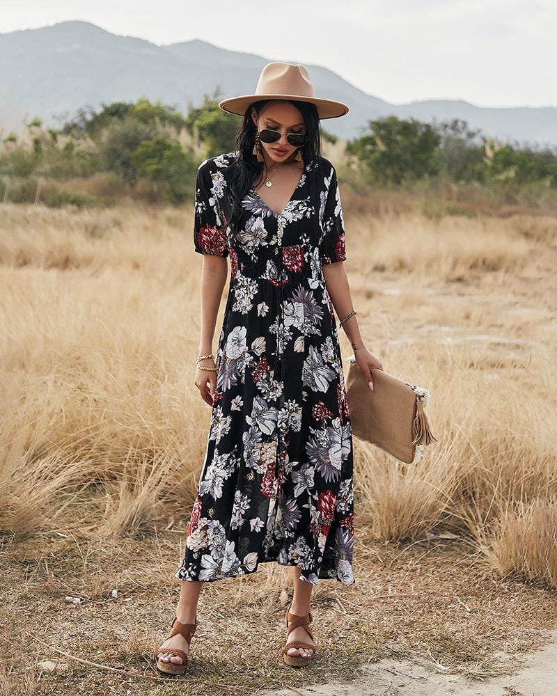 Minimalist Button Floral Print Dress