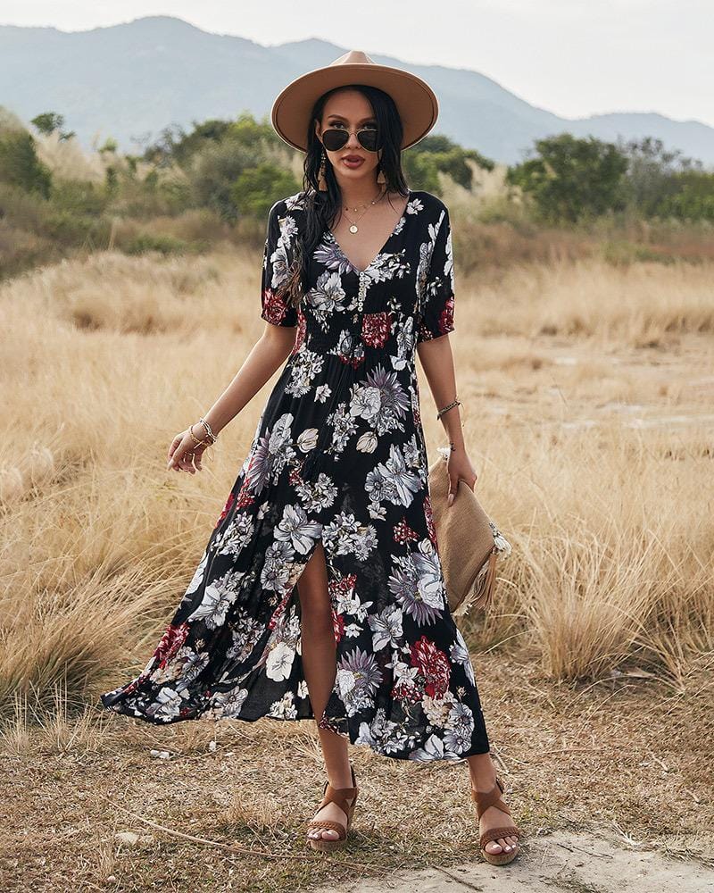 Minimalist Button Floral Print Dress