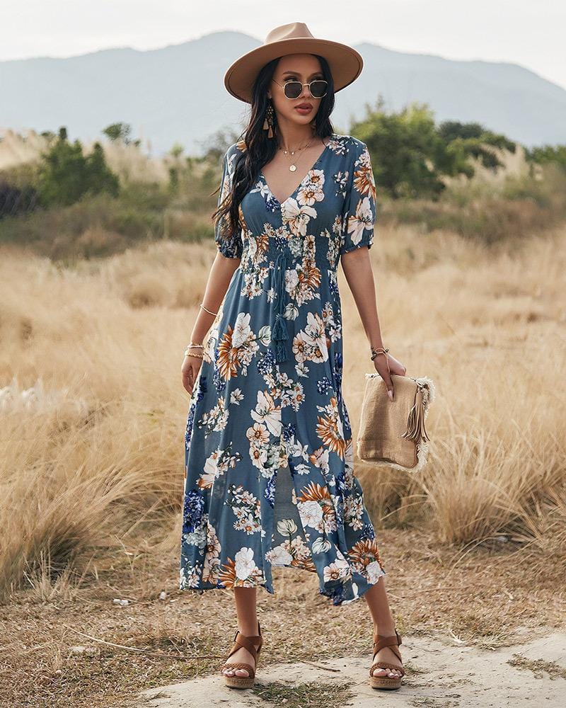 Minimalist Button Floral Print Dress