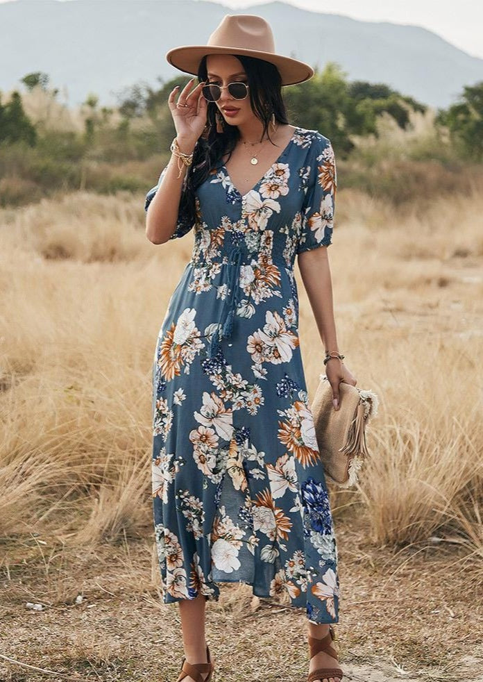 Minimalist Button Floral Print Dress