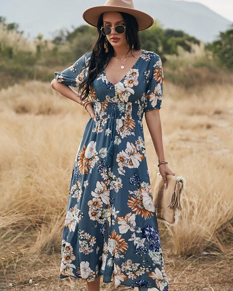 Minimalist Button Floral Print Dress