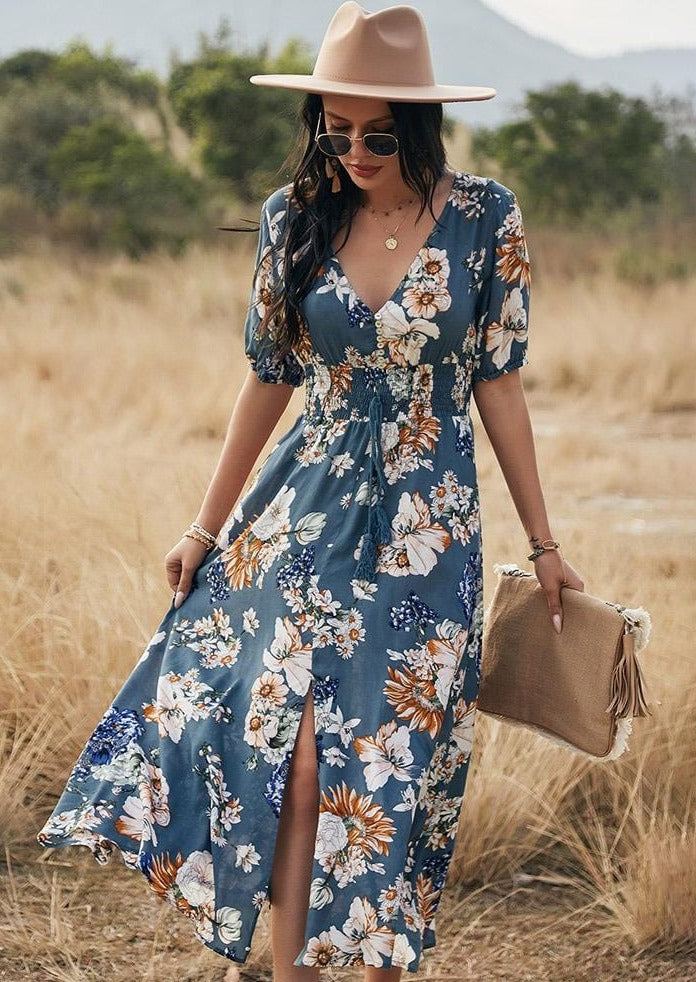 Minimalist Button Floral Print Dress