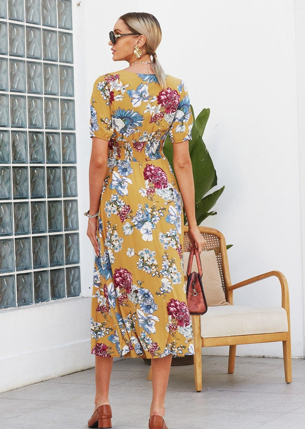 Minimalist Button Floral Print Dress