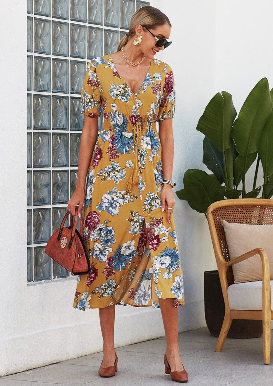 Minimalist Button Floral Print Dress