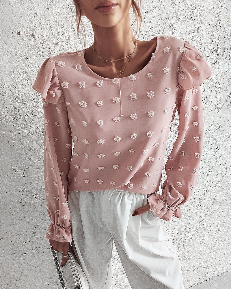 Swiss Dot Ruffle Shoulder Blouse