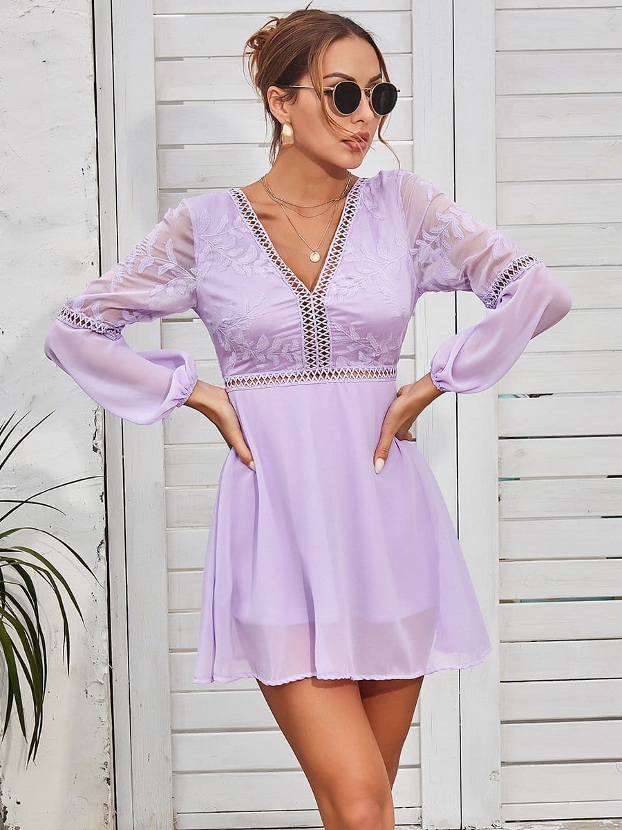 Plunge Neck Sheer Sleeve Dress