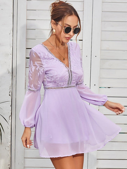 Plunge Neck Sheer Sleeve Dress