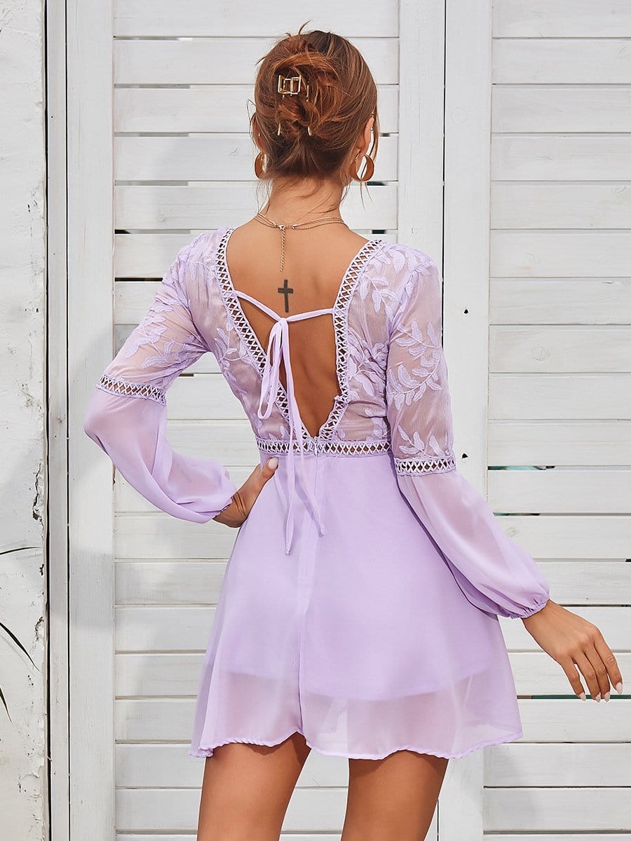 Plunge Neck Sheer Sleeve Dress