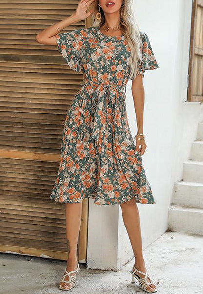 Round Neck Floral Pleated Dress