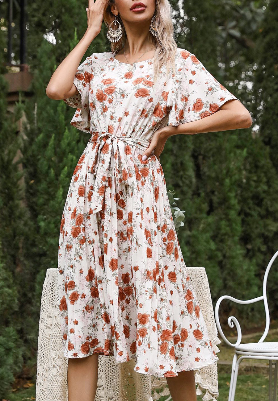 Round Neck Floral Pleated Dress