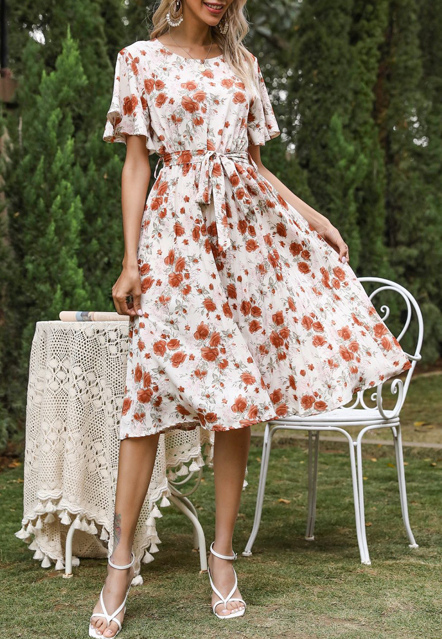 Round Neck Floral Pleated Dress