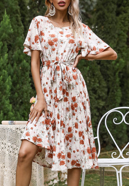 Round Neck Floral Pleated Dress